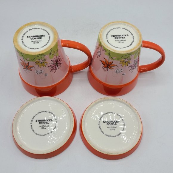 Starbucks 2006 Orange Spring Flower Planter Mugs and Saucers Set of 2 - Picture 6 of 9